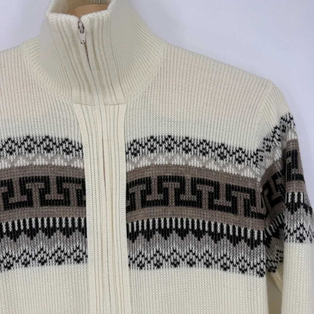 Vintage St Johns Bay Mens Full Zip Cardigan Sweater Cream Greek Key Fair Isle L